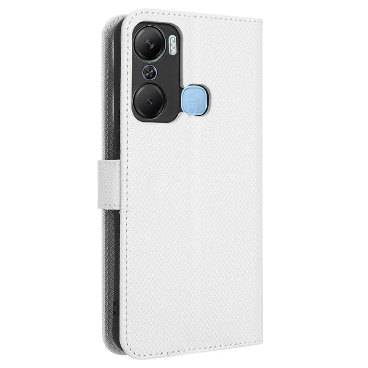 For Infinix Hot 12 Pro 4G X668C PU Leather Flip Folio Case Diamond Texture Stand Soft TPU Inner Shell Phone Cover with Strap - White