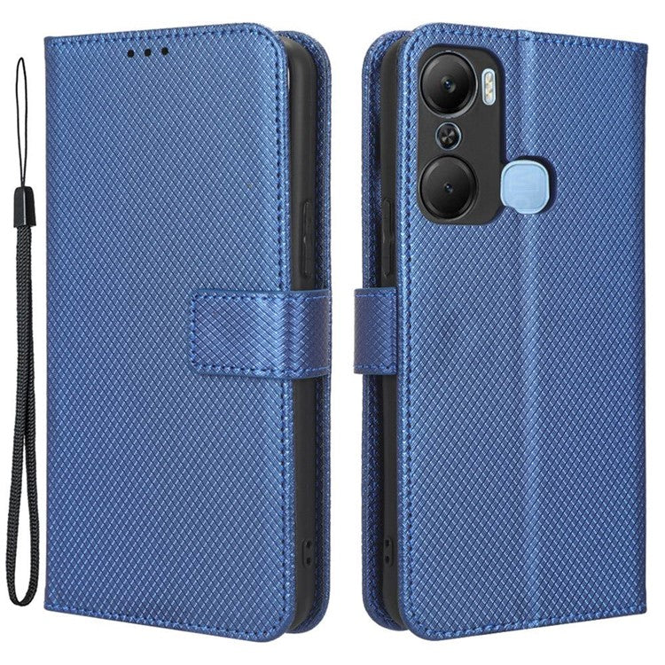 For Infinix Hot 12 Pro 4G X668C PU Leather Flip Folio Case Diamond Texture Stand Soft TPU Inner Shell Phone Cover with Strap - Blue