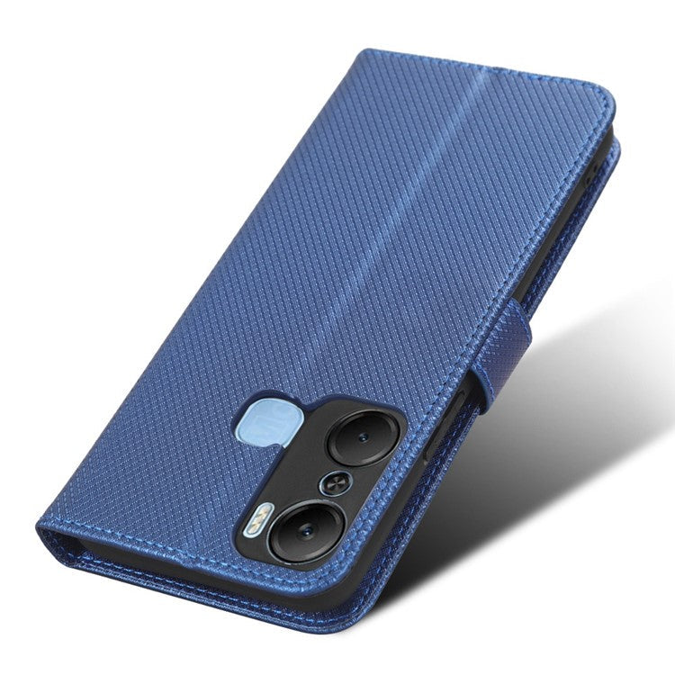 For Infinix Hot 12 Pro 4G X668C PU Leather Flip Folio Case Diamond Texture Stand Soft TPU Inner Shell Phone Cover with Strap - Blue