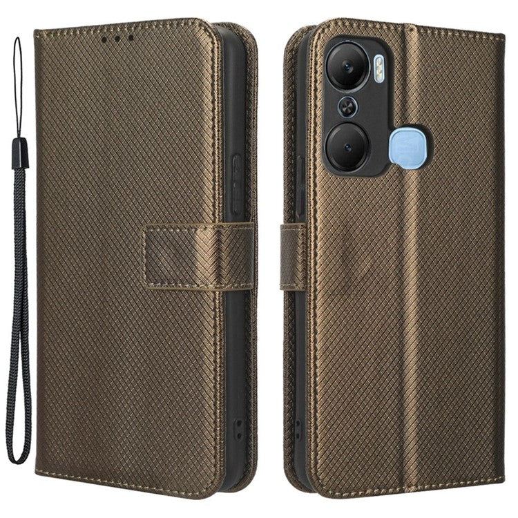 For Infinix Hot 12 Pro 4G X668C PU Leather Flip Folio Case Diamond Texture Stand Soft TPU Inner Shell Phone Cover with Strap - Brown