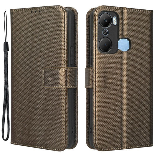 For Infinix Hot 12 Pro 4G X668C PU Leather Flip Folio Case Diamond Texture Stand Soft TPU Inner Shell Phone Cover with Strap - Brown