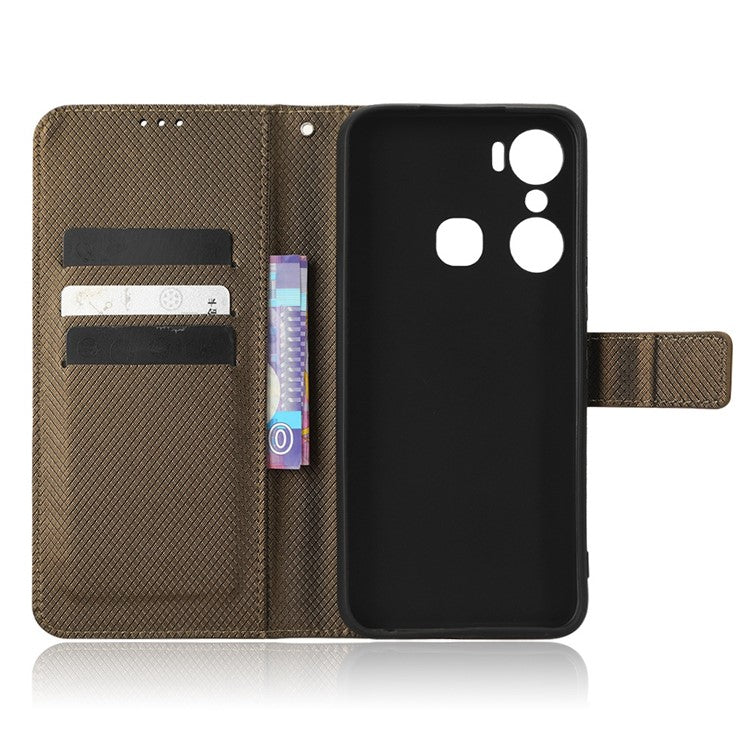 For Infinix Hot 12 Pro 4G X668C PU Leather Flip Folio Case Diamond Texture Stand Soft TPU Inner Shell Phone Cover with Strap - Brown