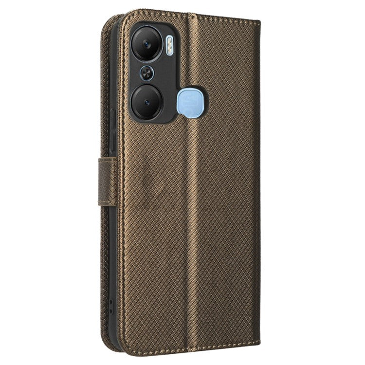 For Infinix Hot 12 Pro 4G X668C PU Leather Flip Folio Case Diamond Texture Stand Soft TPU Inner Shell Phone Cover with Strap - Brown