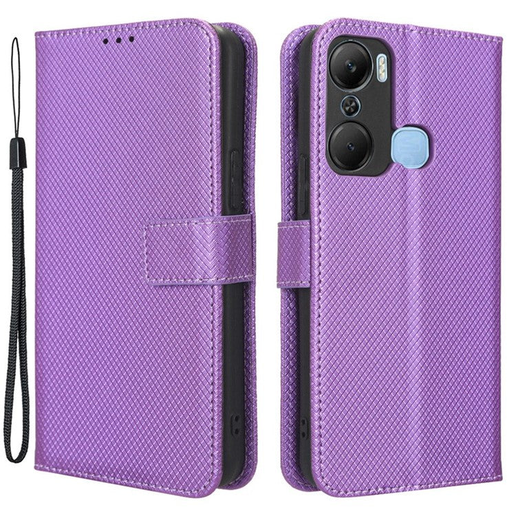 For Infinix Hot 12 Pro 4G X668C PU Leather Flip Folio Case Diamond Texture Stand Soft TPU Inner Shell Phone Cover with Strap - Purple