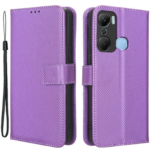 For Infinix Hot 12 Pro 4G X668C PU Leather Flip Folio Case Diamond Texture Stand Soft TPU Inner Shell Phone Cover with Strap - Purple