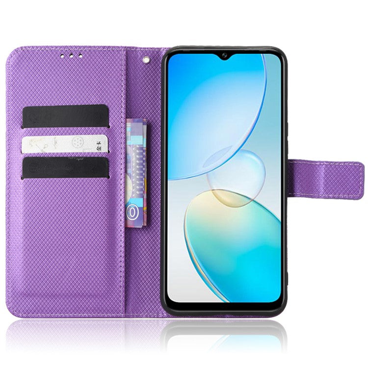 For Infinix Hot 12 Pro 4G X668C PU Leather Flip Folio Case Diamond Texture Stand Soft TPU Inner Shell Phone Cover with Strap - Purple