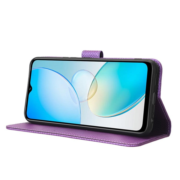 For Infinix Hot 12 Pro 4G X668C PU Leather Flip Folio Case Diamond Texture Stand Soft TPU Inner Shell Phone Cover with Strap - Purple
