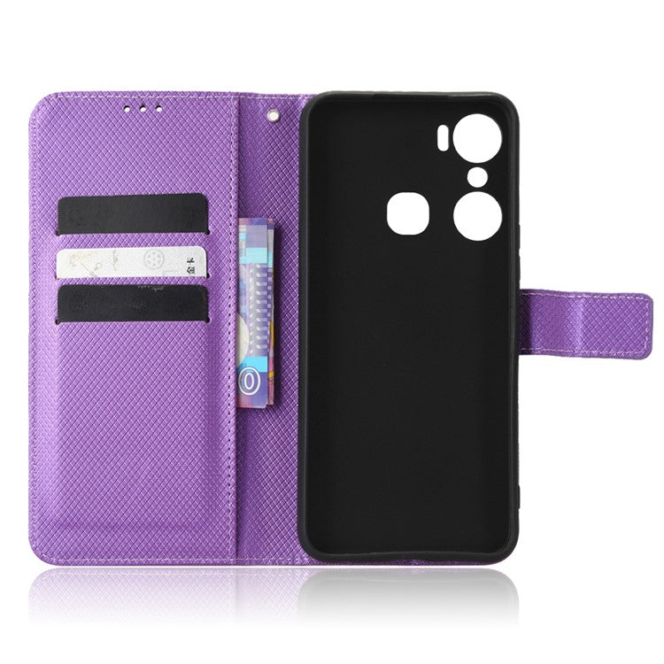 For Infinix Hot 12 Pro 4G X668C PU Leather Flip Folio Case Diamond Texture Stand Soft TPU Inner Shell Phone Cover with Strap - Purple
