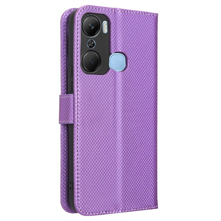 For Infinix Hot 12 Pro 4G X668C PU Leather Flip Folio Case Diamond Texture Stand Soft TPU Inner Shell Phone Cover with Strap - Purple