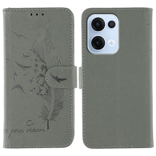 For Oppo Reno13 5G (Global) Case Feather Imprint PU Leather Wallet Phone Cover - Grey