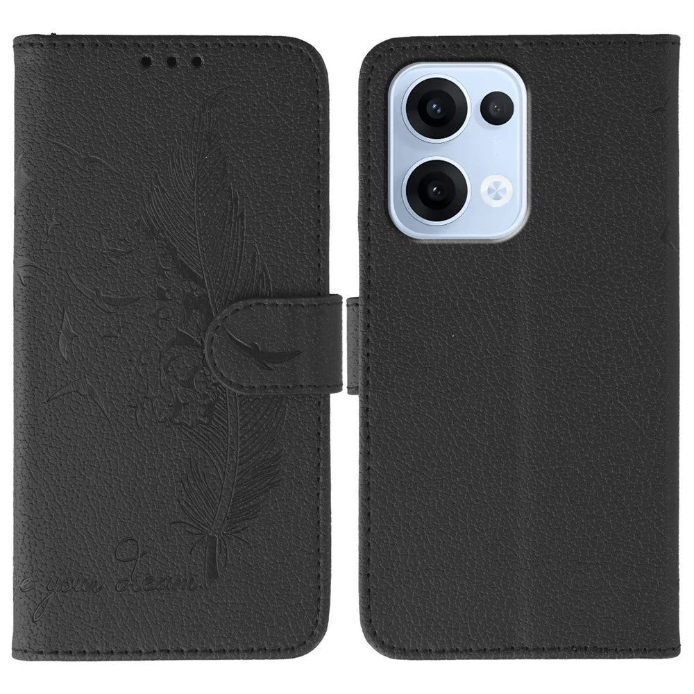 For Oppo Reno13 5G (Global) Case Feather Imprint PU Leather Wallet Phone Cover - Black