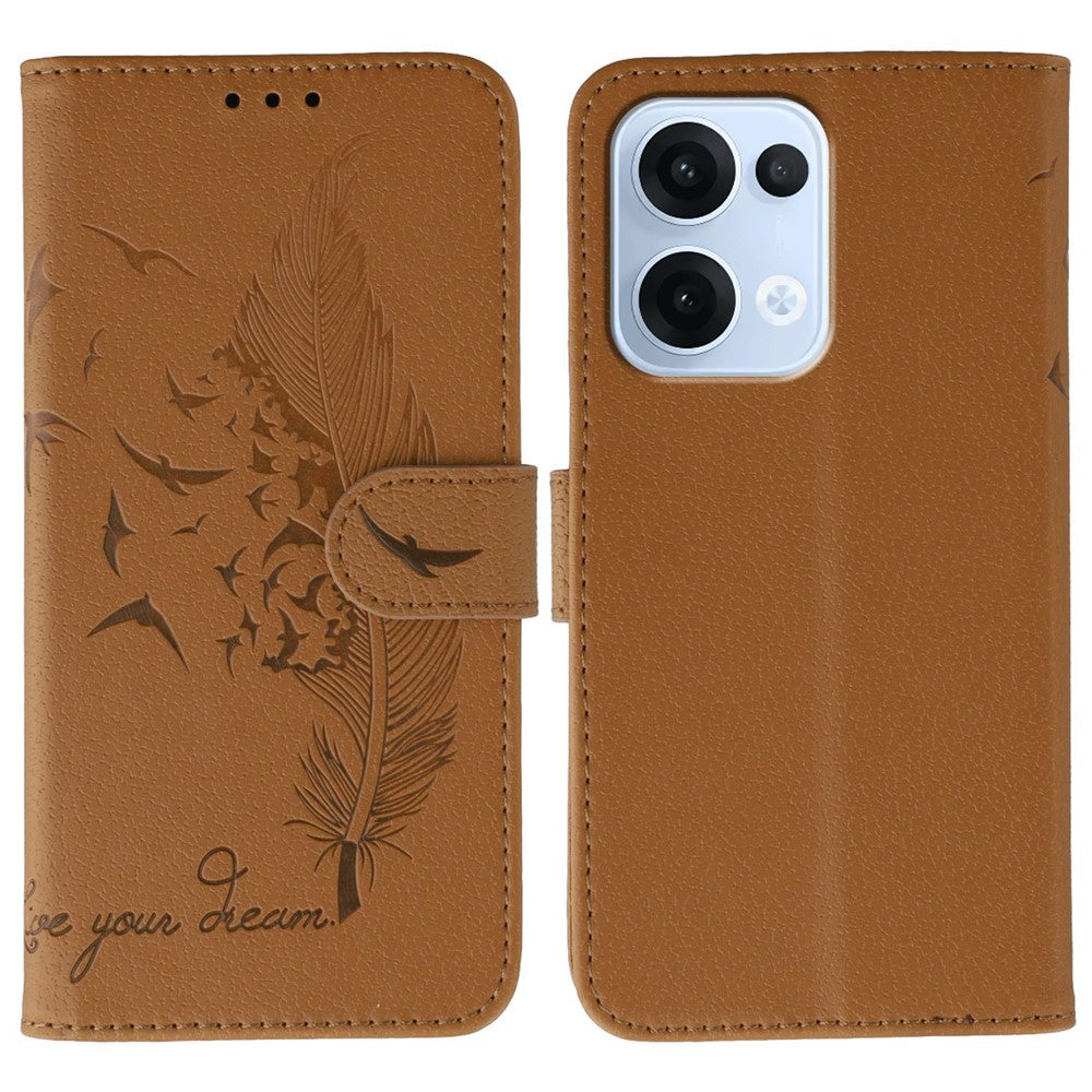 For Oppo Reno13 5G (Global) Case Feather Imprint PU Leather Wallet Phone Cover - Brown