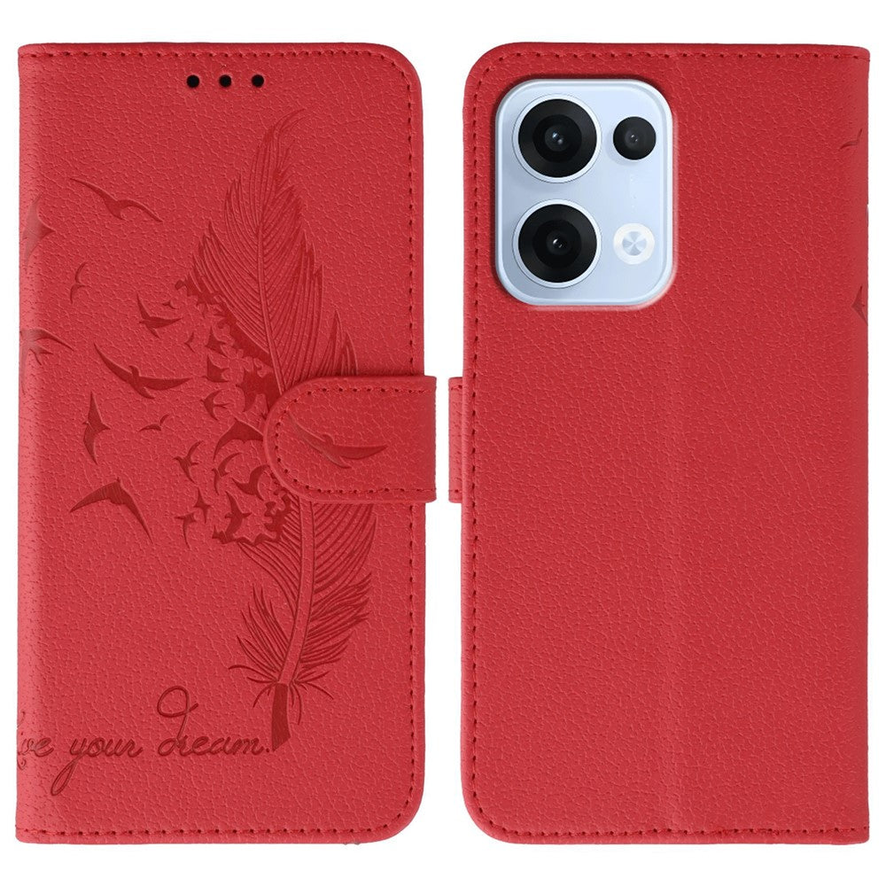 For Oppo Reno13 5G (Global) Case Feather Imprint PU Leather Wallet Phone Cover - Red