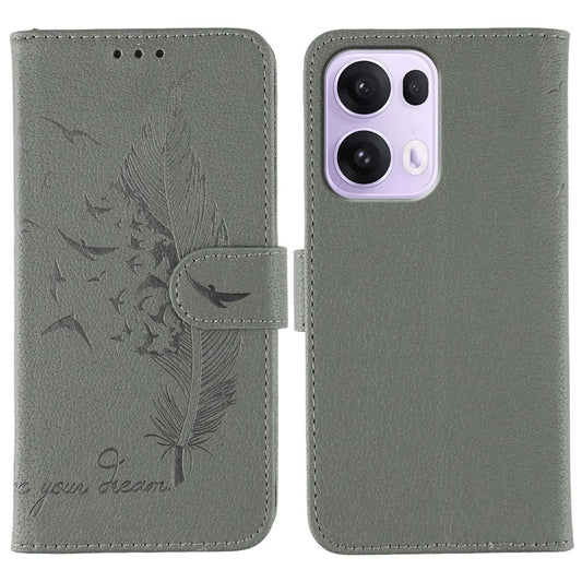For Oppo Reno13 Pro 5G Case Feather Imprint PU Leather Wallet Phone Cover - Grey