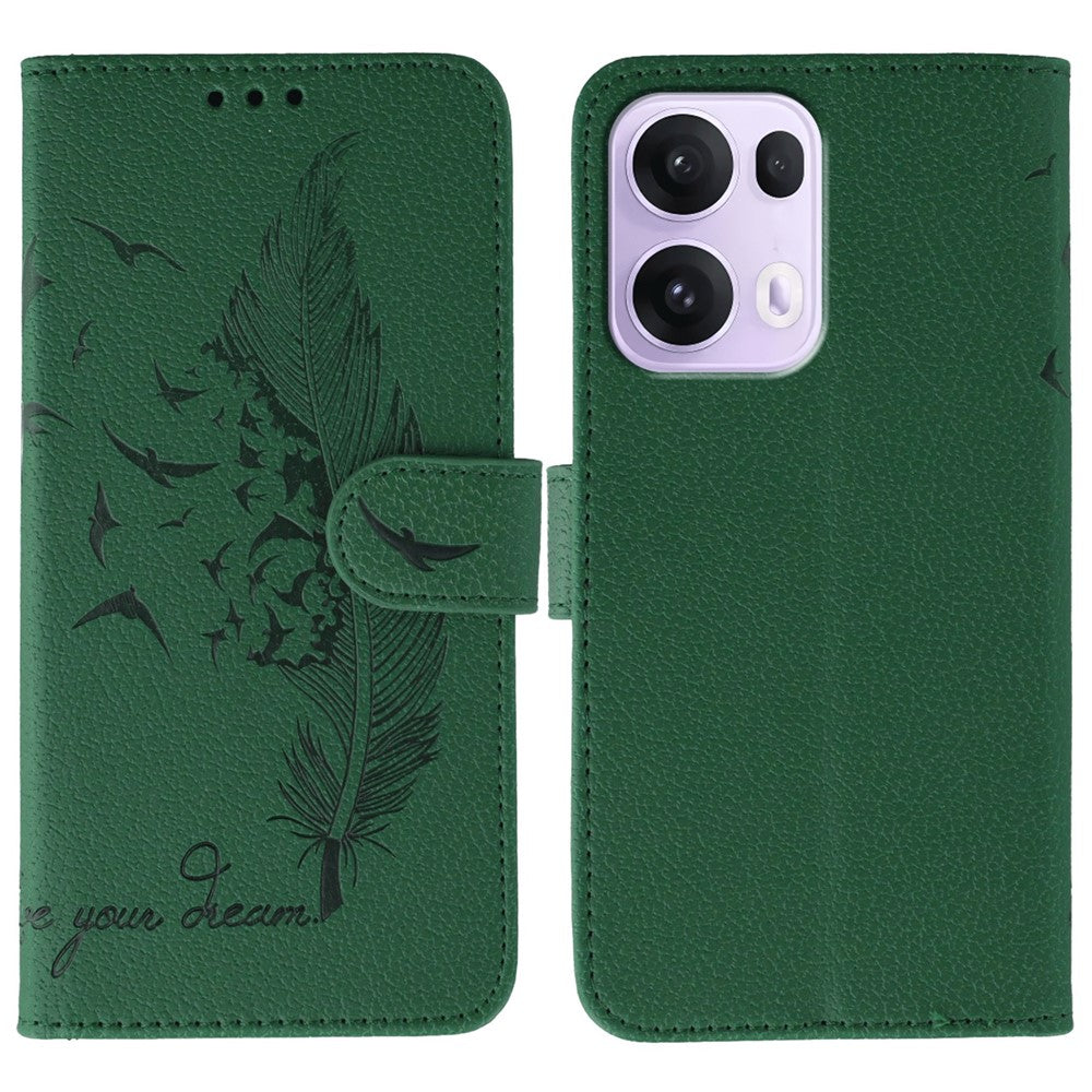 For Oppo Reno13 Pro 5G Case Feather Imprint PU Leather Wallet Phone Cover - Green