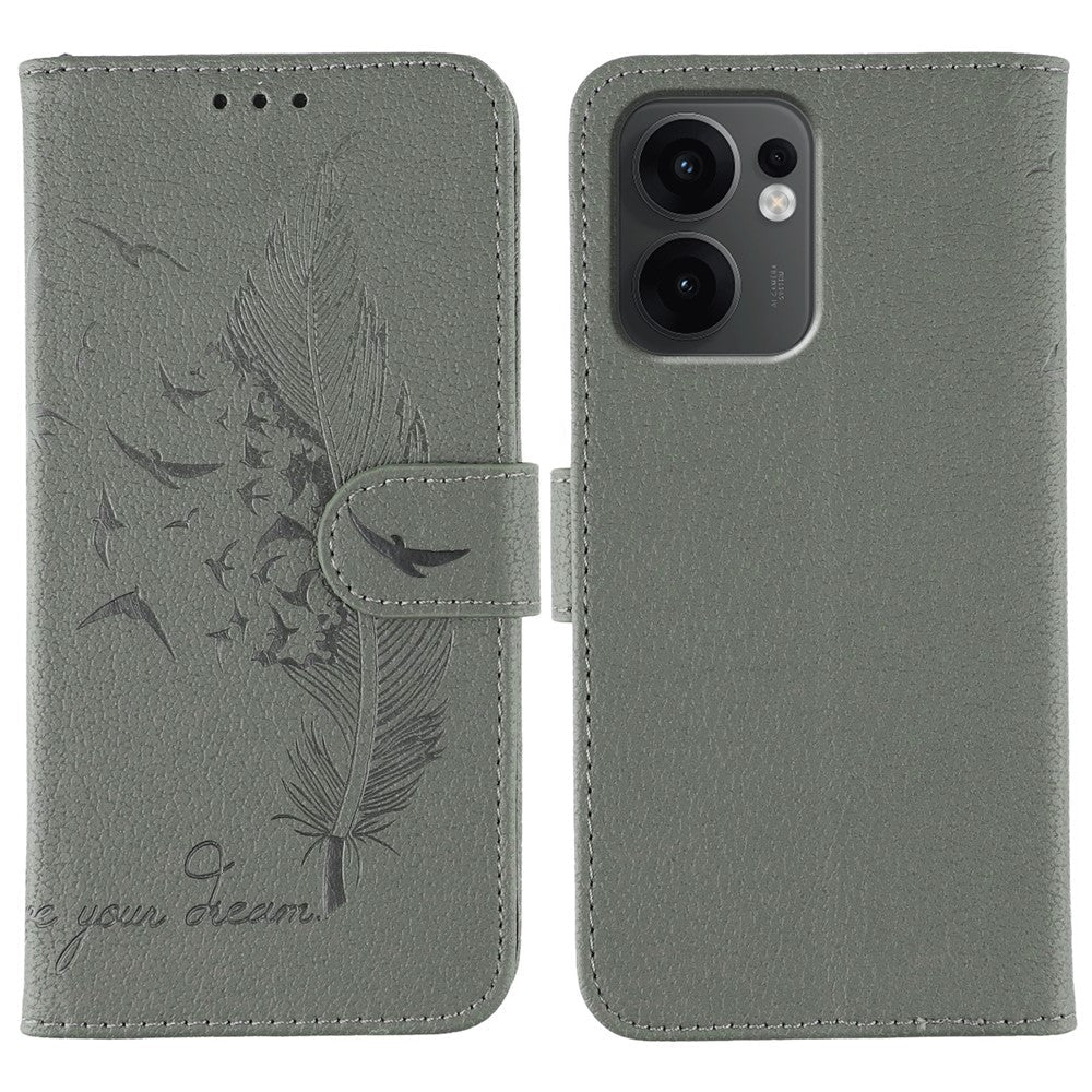 For Oppo Reno13 F 4G / 5G Case Feather Imprint PU Leather Wallet Phone Cover - Grey