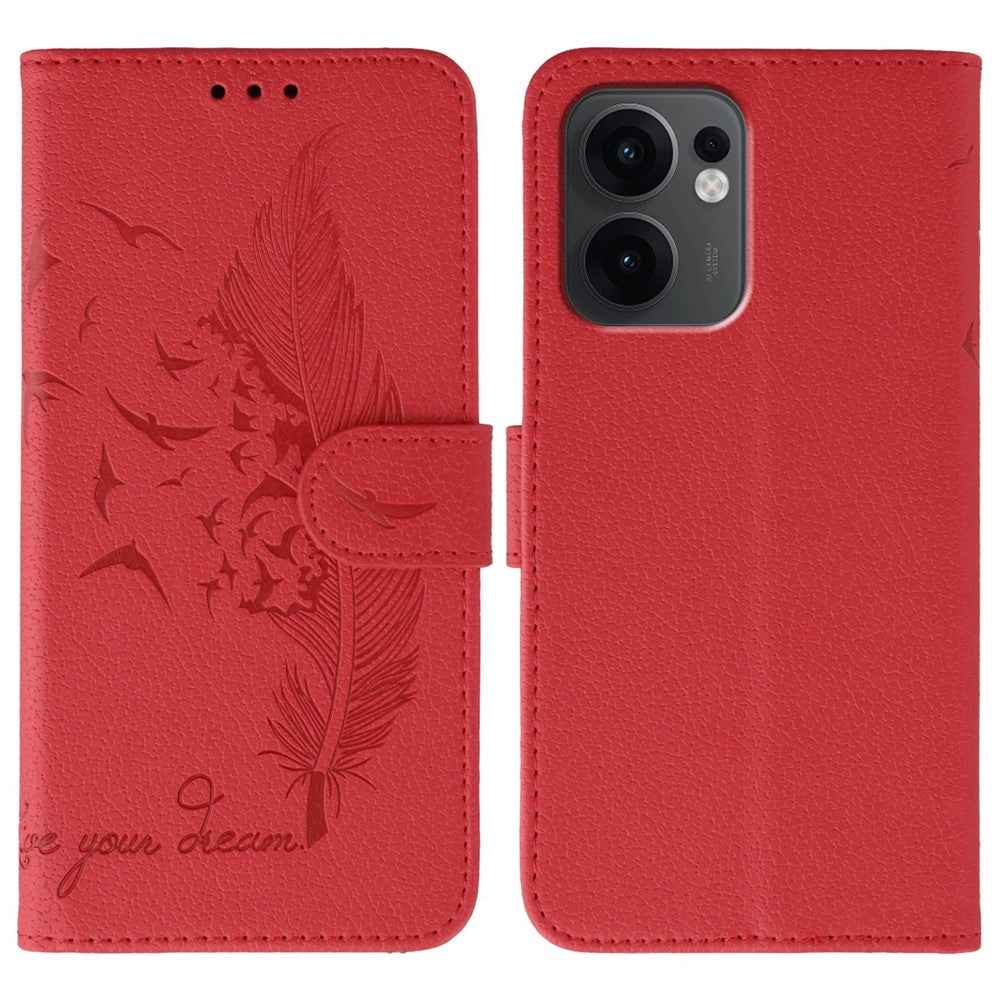 For Oppo Reno13 F 4G / 5G Case Feather Imprint PU Leather Wallet Phone Cover - Red