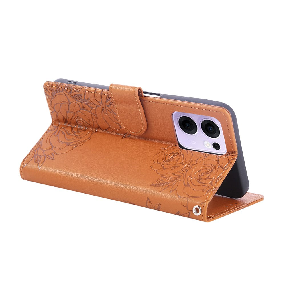 For Oppo Reno13 F 5G  /  4G Case Rose Flower PU Leather Wallet Phone Cover with 3 Card Slots - Brown