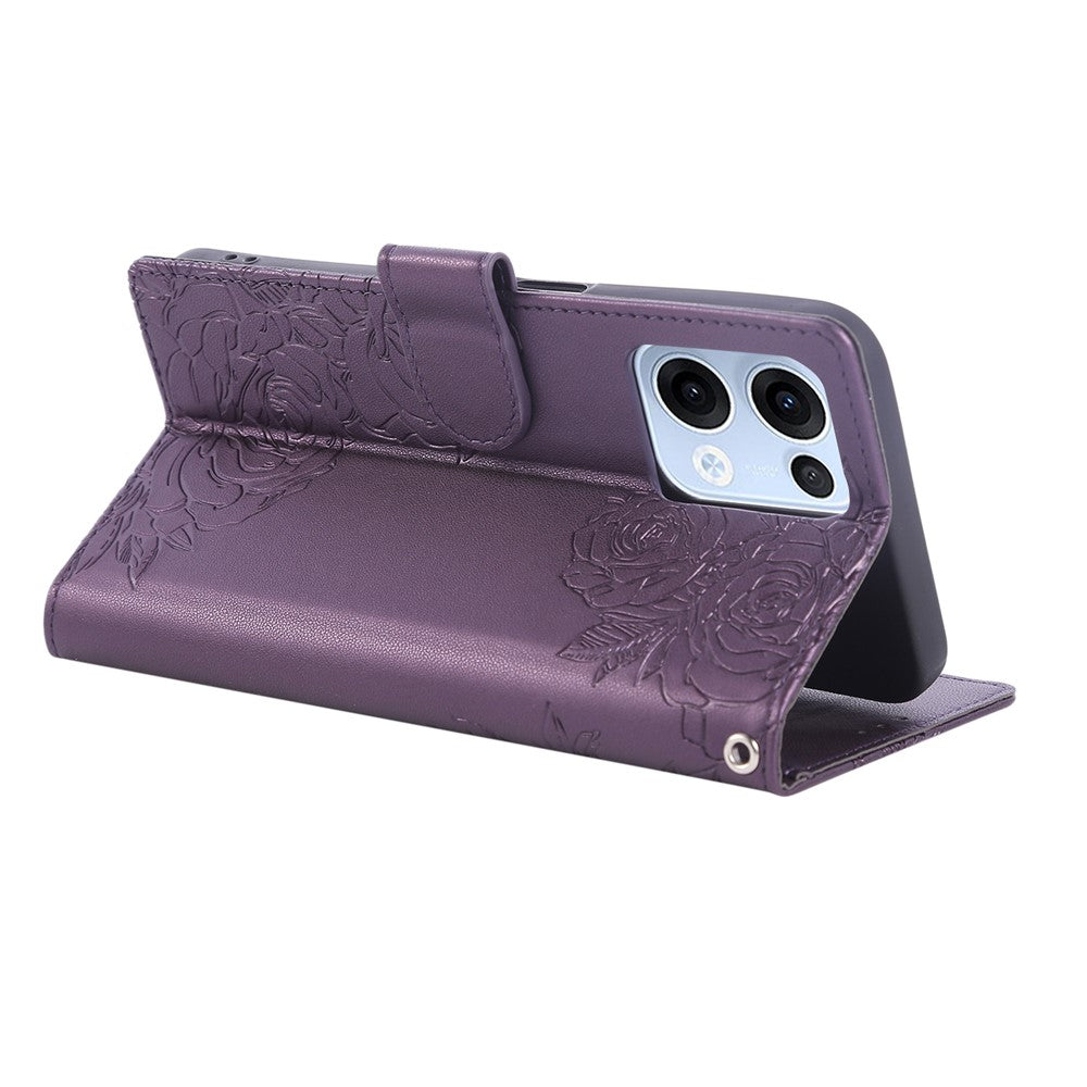For Oppo Reno13 5G (Global) Case Rose Flower PU Leather Wallet Phone Cover with 3 Card Slots - Dark Purple
