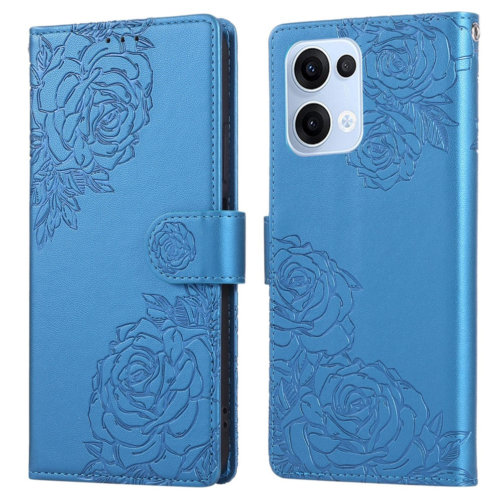 For Oppo Reno13 5G (Global) Case Rose Flower PU Leather Wallet Phone Cover with 3 Card Slots - Blue