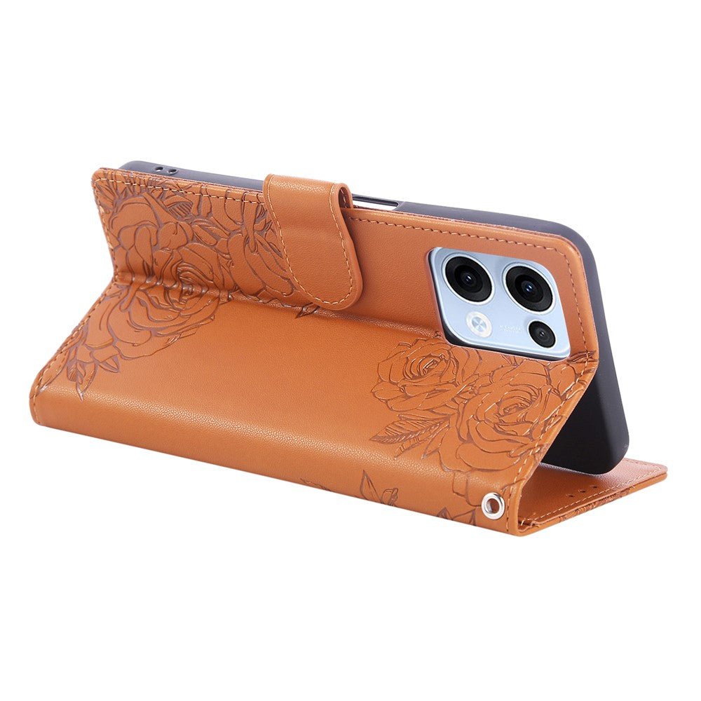 For Oppo Reno13 5G (Global) Case Rose Flower PU Leather Wallet Phone Cover with 3 Card Slots - Brown