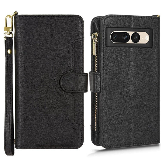 For Google Pixel 7 5G PU Leather Magnetic Closure Handbag Stand Flip Wallet Zipper Pocket Phone Case with Hand Strap and Shoulder Strap - Black