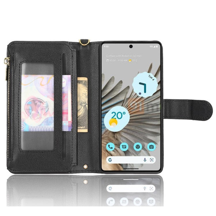 For Google Pixel 7 5G PU Leather Magnetic Closure Handbag Stand Flip Wallet Zipper Pocket Phone Case with Hand Strap and Shoulder Strap - Black