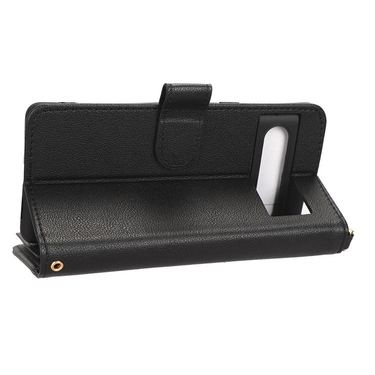 For Google Pixel 7 5G PU Leather Magnetic Closure Handbag Stand Flip Wallet Zipper Pocket Phone Case with Hand Strap and Shoulder Strap - Black