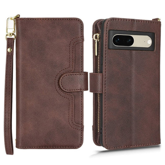 For Google Pixel 7 5G PU Leather Magnetic Closure Handbag Stand Flip Wallet Zipper Pocket Phone Case with Hand Strap and Shoulder Strap - Brown