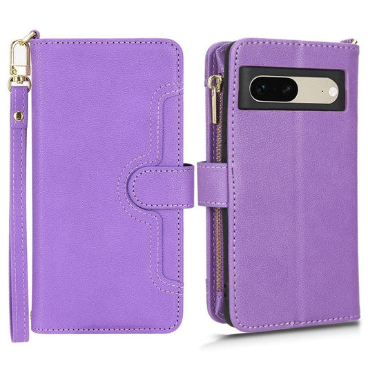 For Google Pixel 7 5G PU Leather Magnetic Closure Handbag Stand Flip Wallet Zipper Pocket Phone Case with Hand Strap and Shoulder Strap - Purple