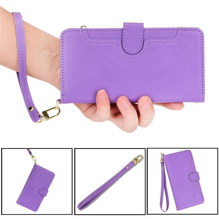 For Google Pixel 7 5G PU Leather Magnetic Closure Handbag Stand Flip Wallet Zipper Pocket Phone Case with Hand Strap and Shoulder Strap - Purple