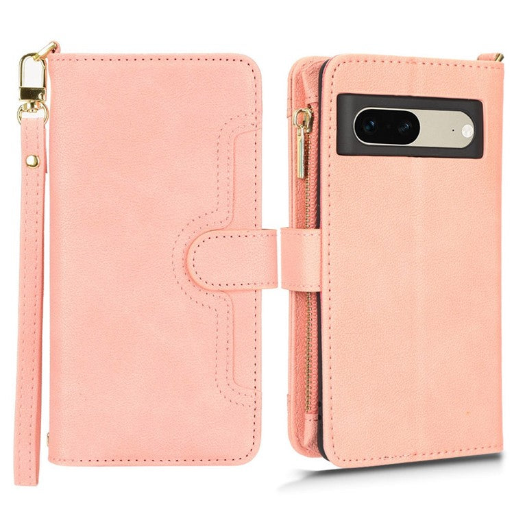For Google Pixel 7 5G PU Leather Magnetic Closure Handbag Stand Flip Wallet Zipper Pocket Phone Case with Hand Strap and Shoulder Strap - Pink