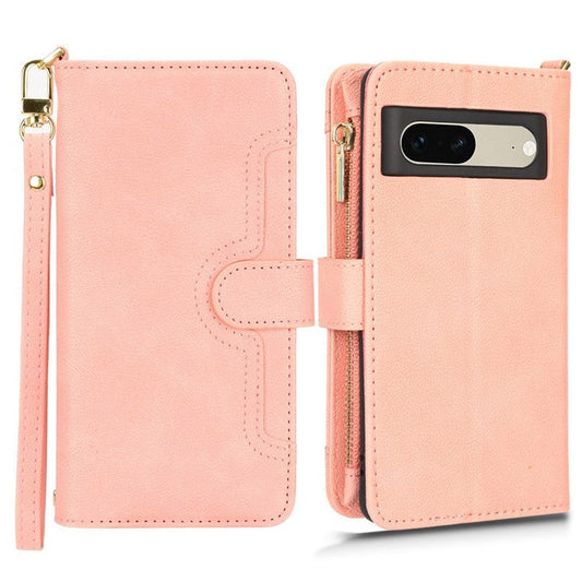 For Google Pixel 7 5G PU Leather Magnetic Closure Handbag Stand Flip Wallet Zipper Pocket Phone Case with Hand Strap and Shoulder Strap - Pink