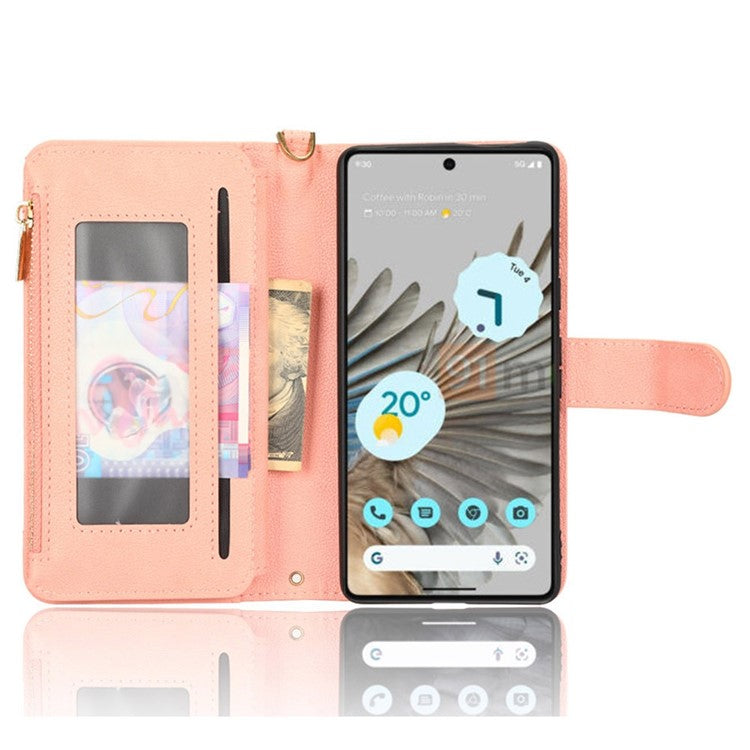 For Google Pixel 7 5G PU Leather Magnetic Closure Handbag Stand Flip Wallet Zipper Pocket Phone Case with Hand Strap and Shoulder Strap - Pink
