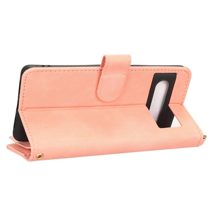 For Google Pixel 7 5G PU Leather Magnetic Closure Handbag Stand Flip Wallet Zipper Pocket Phone Case with Hand Strap and Shoulder Strap - Pink
