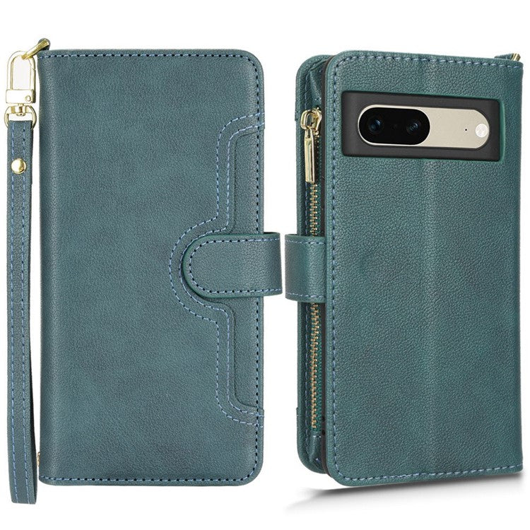 For Google Pixel 7 5G PU Leather Magnetic Closure Handbag Stand Flip Wallet Zipper Pocket Phone Case with Hand Strap and Shoulder Strap - Green