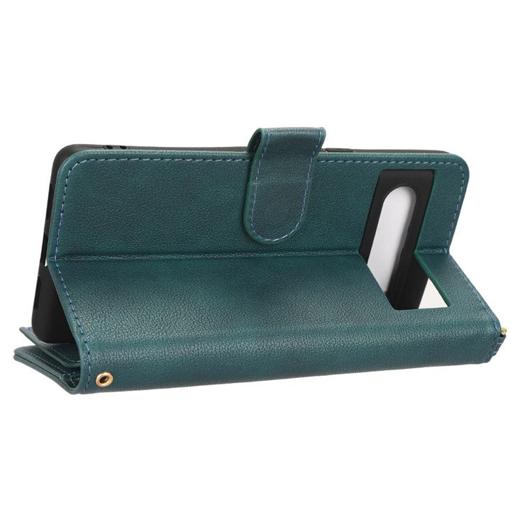 For Google Pixel 7 5G PU Leather Magnetic Closure Handbag Stand Flip Wallet Zipper Pocket Phone Case with Hand Strap and Shoulder Strap - Green