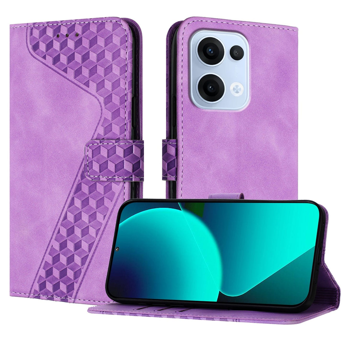 For Oppo Reno13 5G (Global) Leather Case 7-Shaped Pattern Wallet Stand Shockproof Phone Cover - Purple