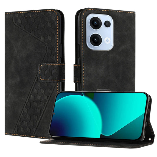 For Oppo Reno13 5G (Global) Leather Case 7-Shaped Pattern Wallet Stand Shockproof Phone Cover - Black