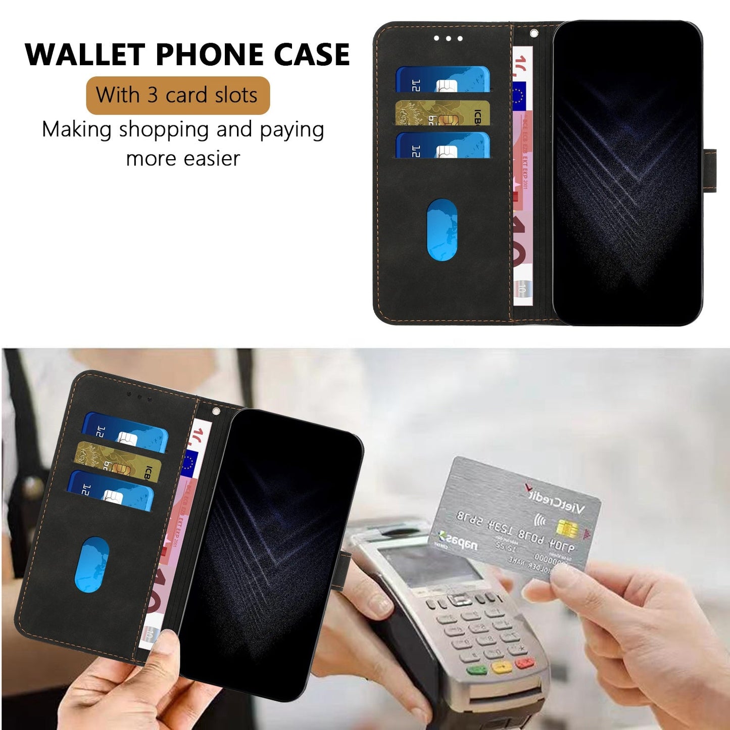 For Oppo Reno13 5G (Global) Leather Case 7-Shaped Pattern Wallet Stand Shockproof Phone Cover - Black