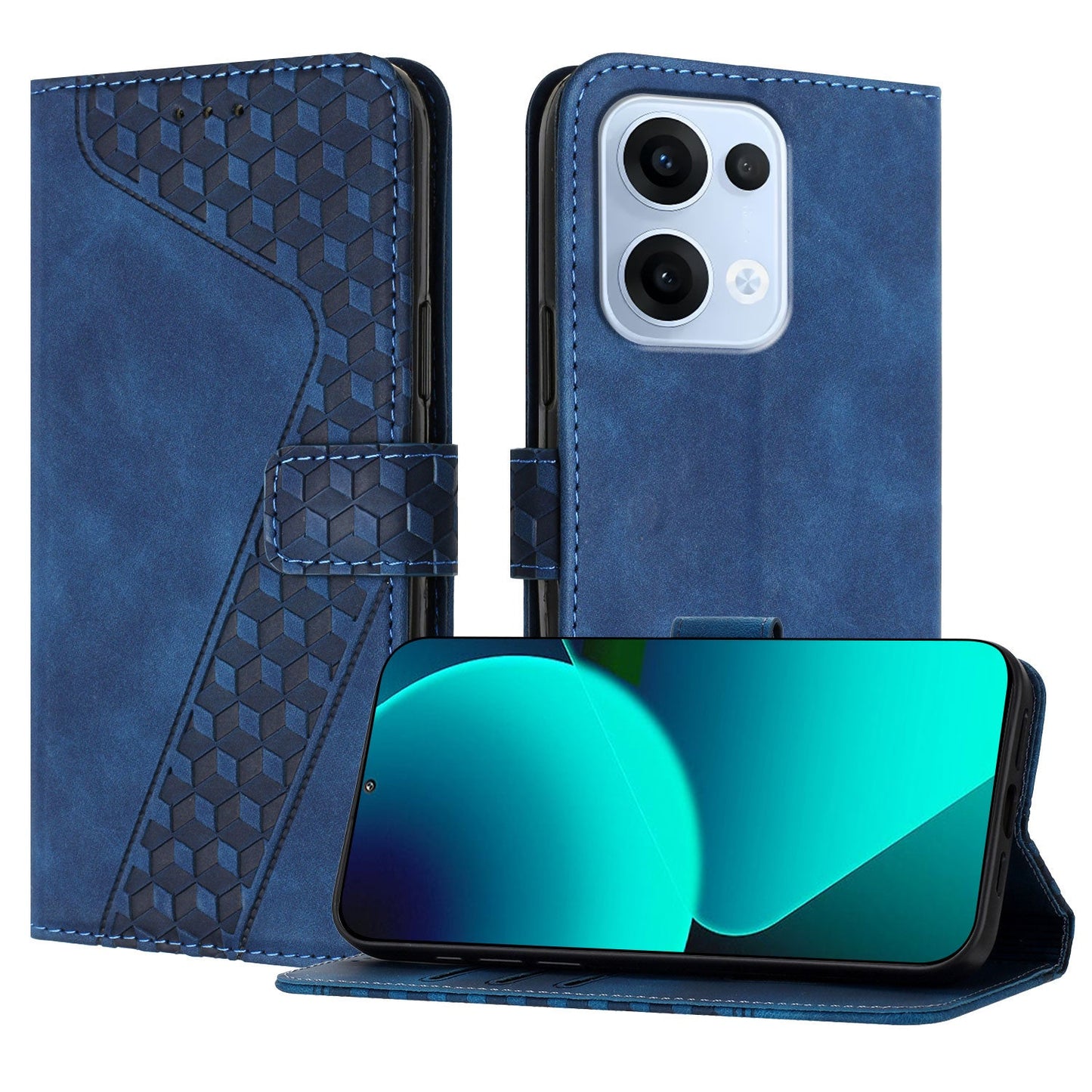 For Oppo Reno13 5G (Global) Leather Case 7-Shaped Pattern Wallet Stand Shockproof Phone Cover - Blue