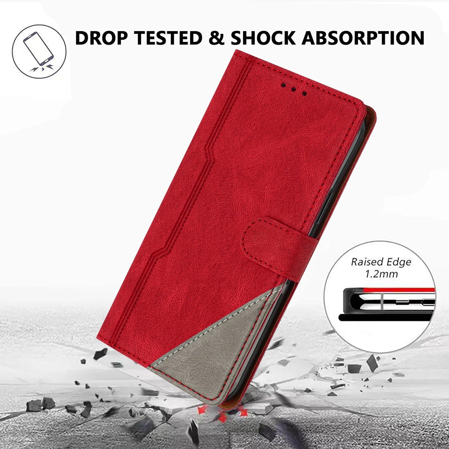 For Oppo Reno13 F 5G Leather Case Triangle Patchwork Wallet Stand Shockproof Phone Cover - Red