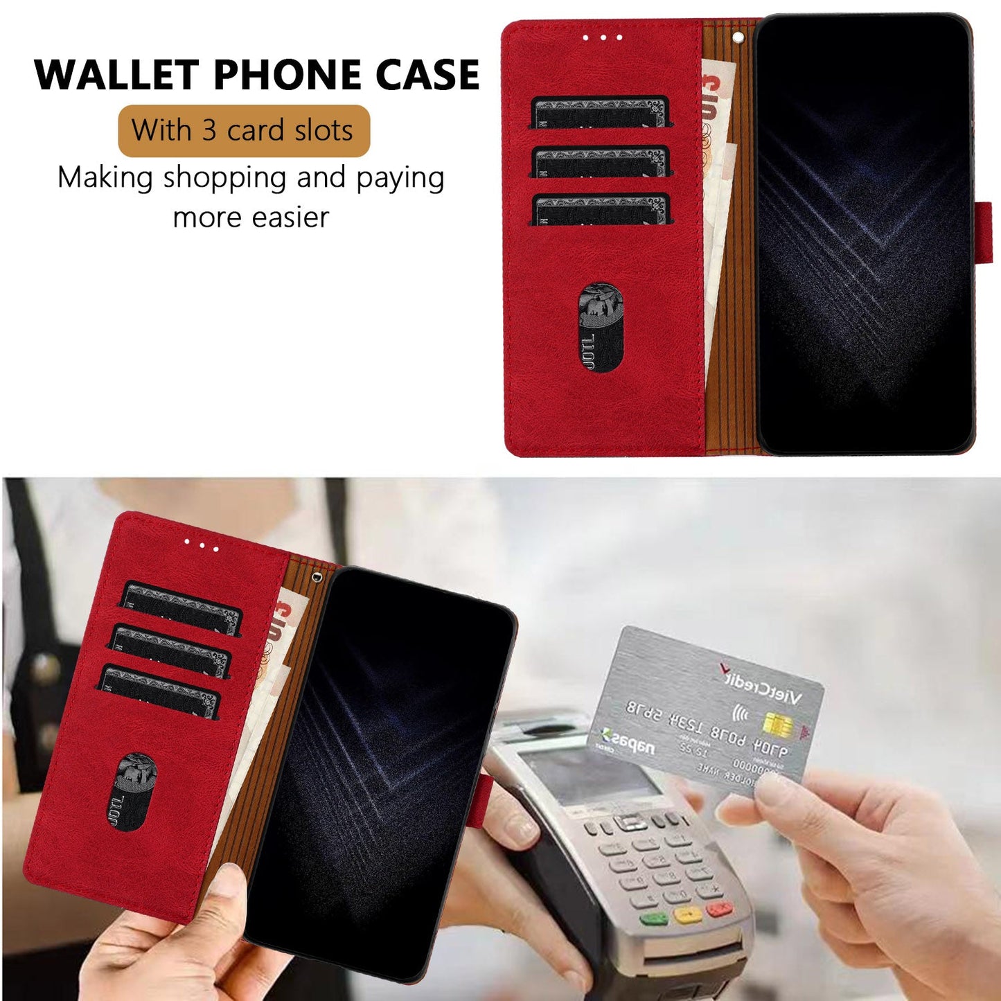 For Oppo Reno13 F 5G Leather Case Triangle Patchwork Wallet Stand Shockproof Phone Cover - Red