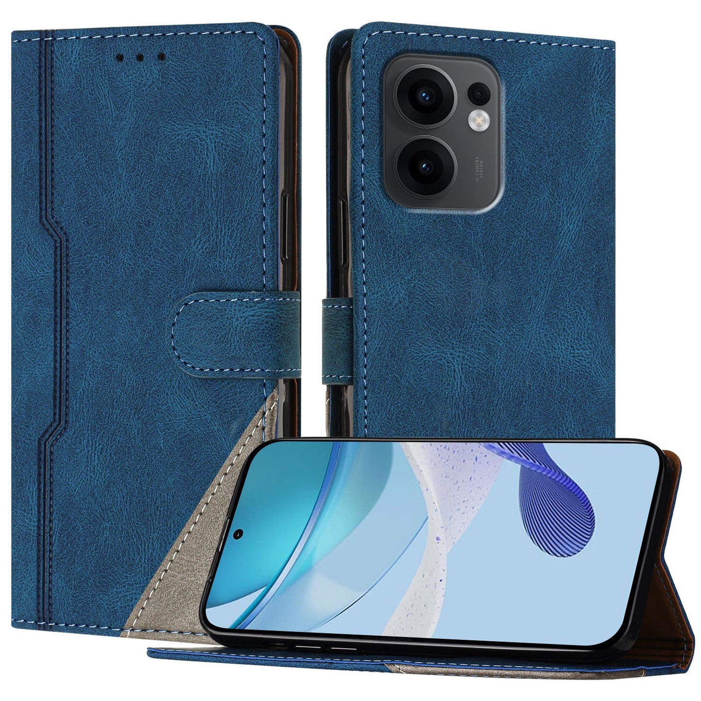 For Oppo Reno13 F 5G Leather Case Triangle Patchwork Wallet Stand Shockproof Phone Cover - Blue