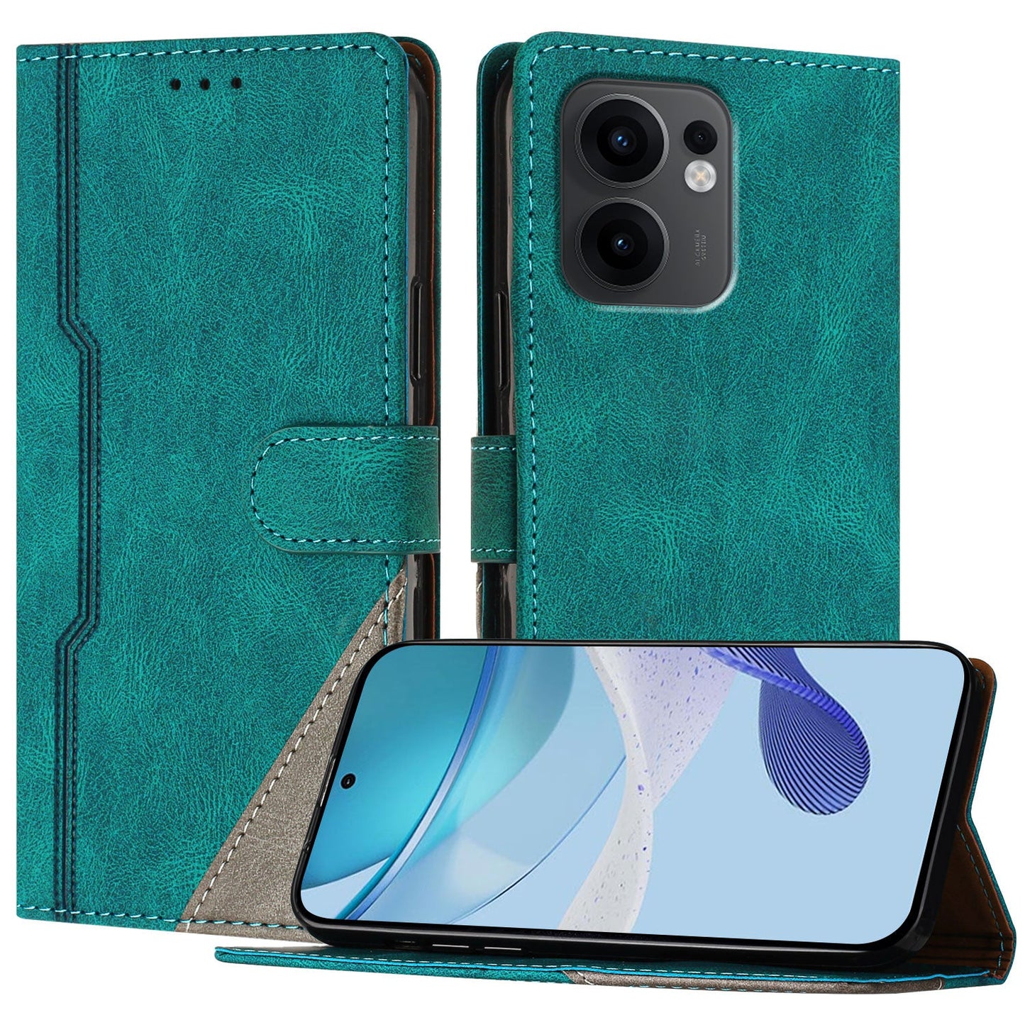 For Oppo Reno13 F 5G Leather Case Triangle Patchwork Wallet Stand Shockproof Phone Cover - Green