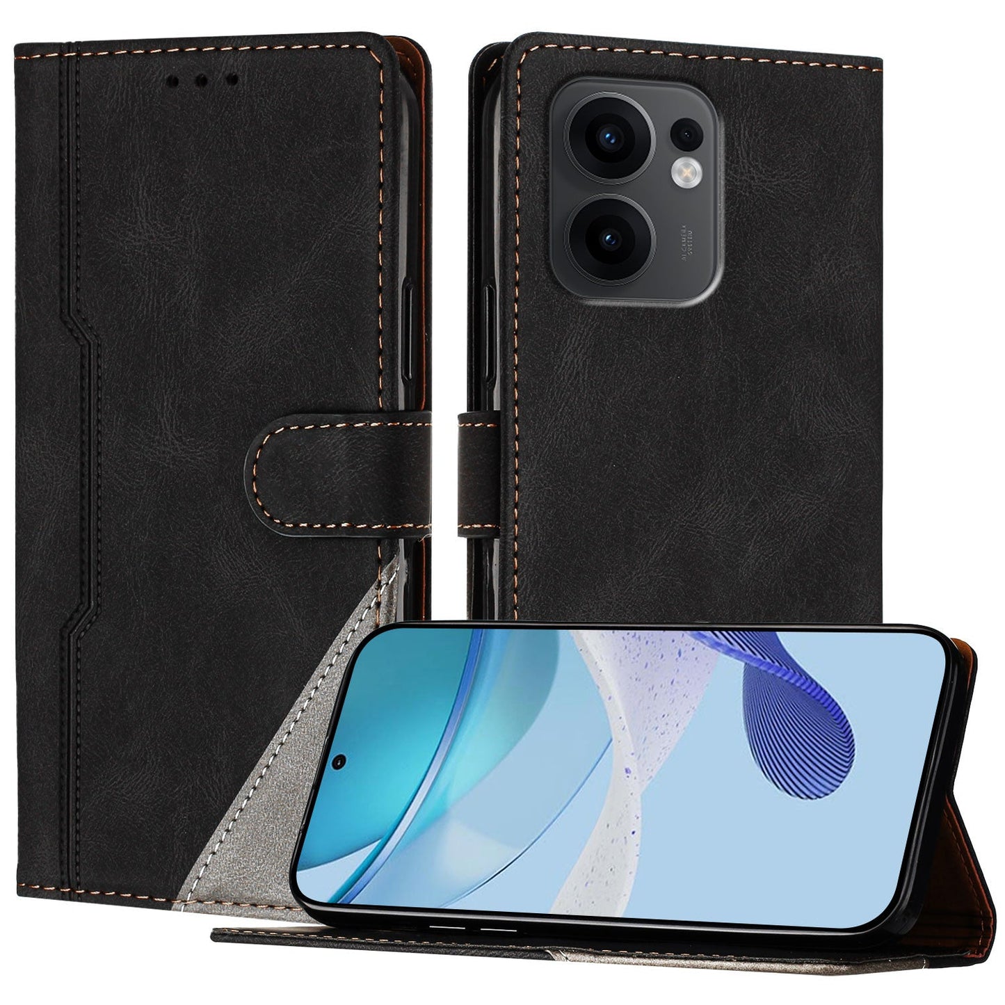 For Oppo Reno13 F 5G Leather Case Triangle Patchwork Wallet Stand Shockproof Phone Cover - Black