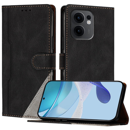 For Oppo Reno13 F 5G Leather Case Triangle Patchwork Wallet Stand Shockproof Phone Cover - Black