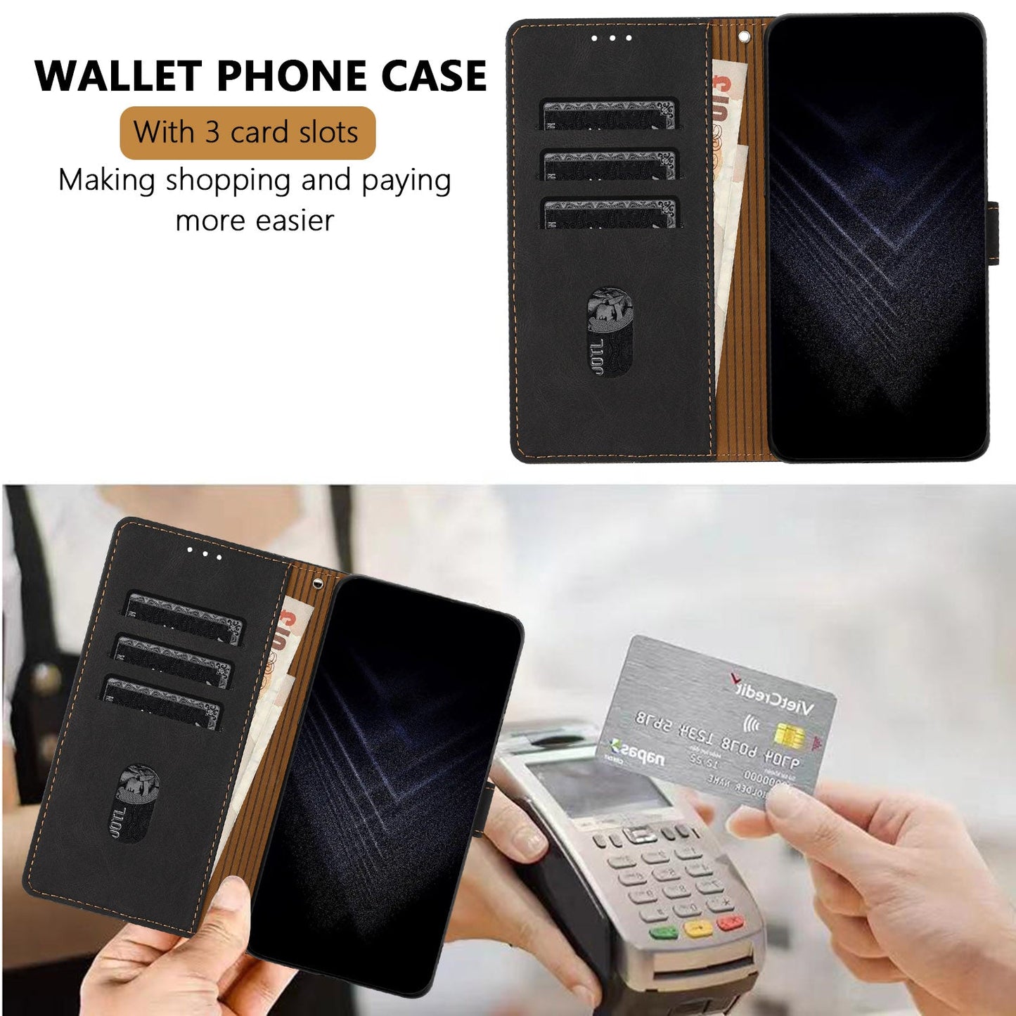 For Oppo Reno13 F 5G Leather Case Triangle Patchwork Wallet Stand Shockproof Phone Cover - Black