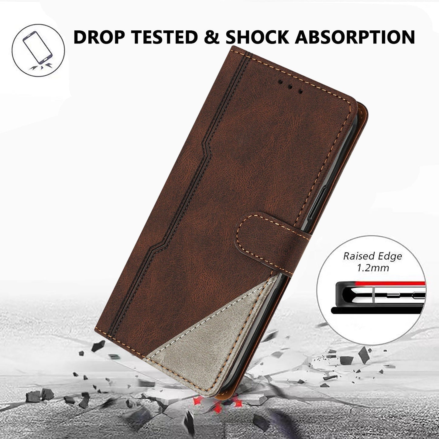 For Oppo Reno13 F 5G Leather Case Triangle Patchwork Wallet Stand Shockproof Phone Cover - Brown