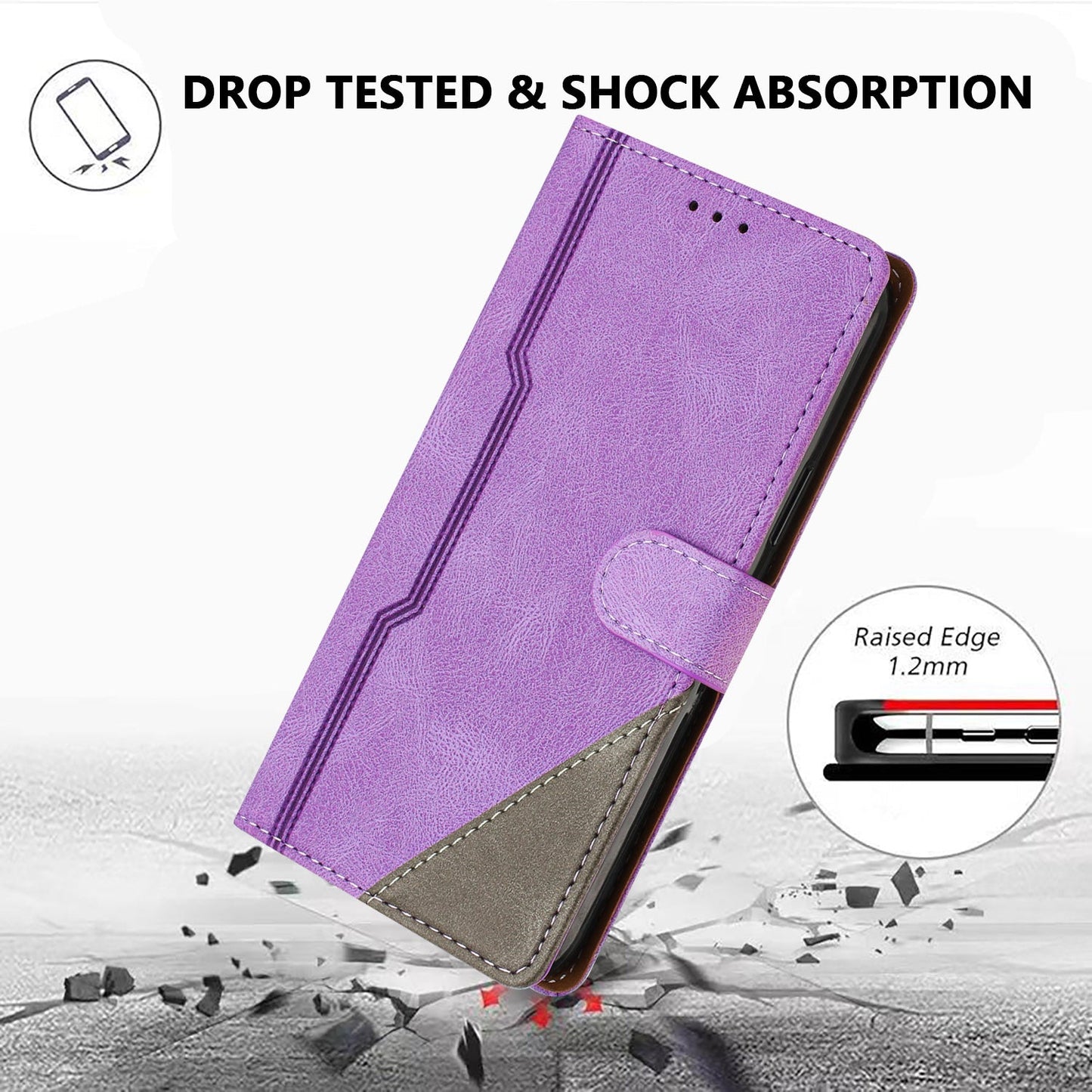 For Oppo Reno13 F 5G Leather Case Triangle Patchwork Wallet Stand Shockproof Phone Cover - Purple